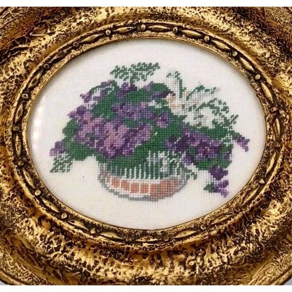 Set 2 Framed Floral Embroidery Wiehler Gobelin Flower Roses Violets In A Basket - Picture 6 of 9